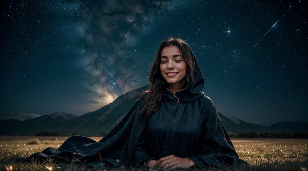 A human figure lying on a field of stars, with constellations forming a protective cloak around. The figure is at peace, with a serene smile, symbolizing protection and spirituality.