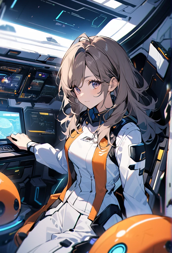 A (beautiful) and (attractive) woman. 25 years old. Medium length straight shaggy hair. In a futuristic uniform dressed as a researcher in a team on an alien planet. With a beautiful, intelligent face. Examining a computer instrument panel inside a spacecraft.  She is wearing a high-tech spaceship crew uniform.