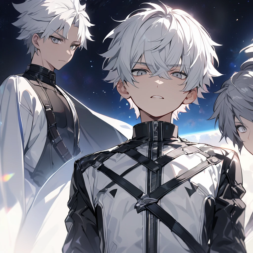 High quality, HD, 4k, no shadows, handsome male, 1male, , teenager, shwhite hair, silver hair, white hair, sharp eyes, grey colored eyes, deep grey eyes, grey eyes, devil may cry, close up, calm expression, stoic expression, black leather clothes, white leather clothing, lean body, well trained body, upper body, looking at viewer, cowboy shot, white solar, space background