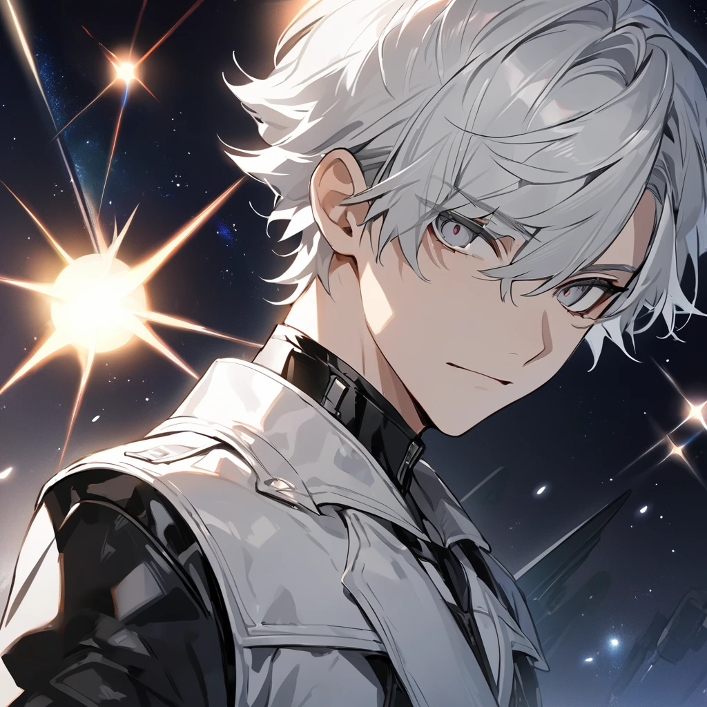 High quality, HD, 4k, no shadows, handsome male, 1male, , teenager, shwhite hair, silver hair, white hair, sharp eyes, grey colored eyes, deep grey eyes, grey eyes, devil may cry, close up, calm expression, stoic expression, black leather clothes, white leather clothing, lean body, well trained body, upper body, looking at viewer, cowboy shot, white solar, space background