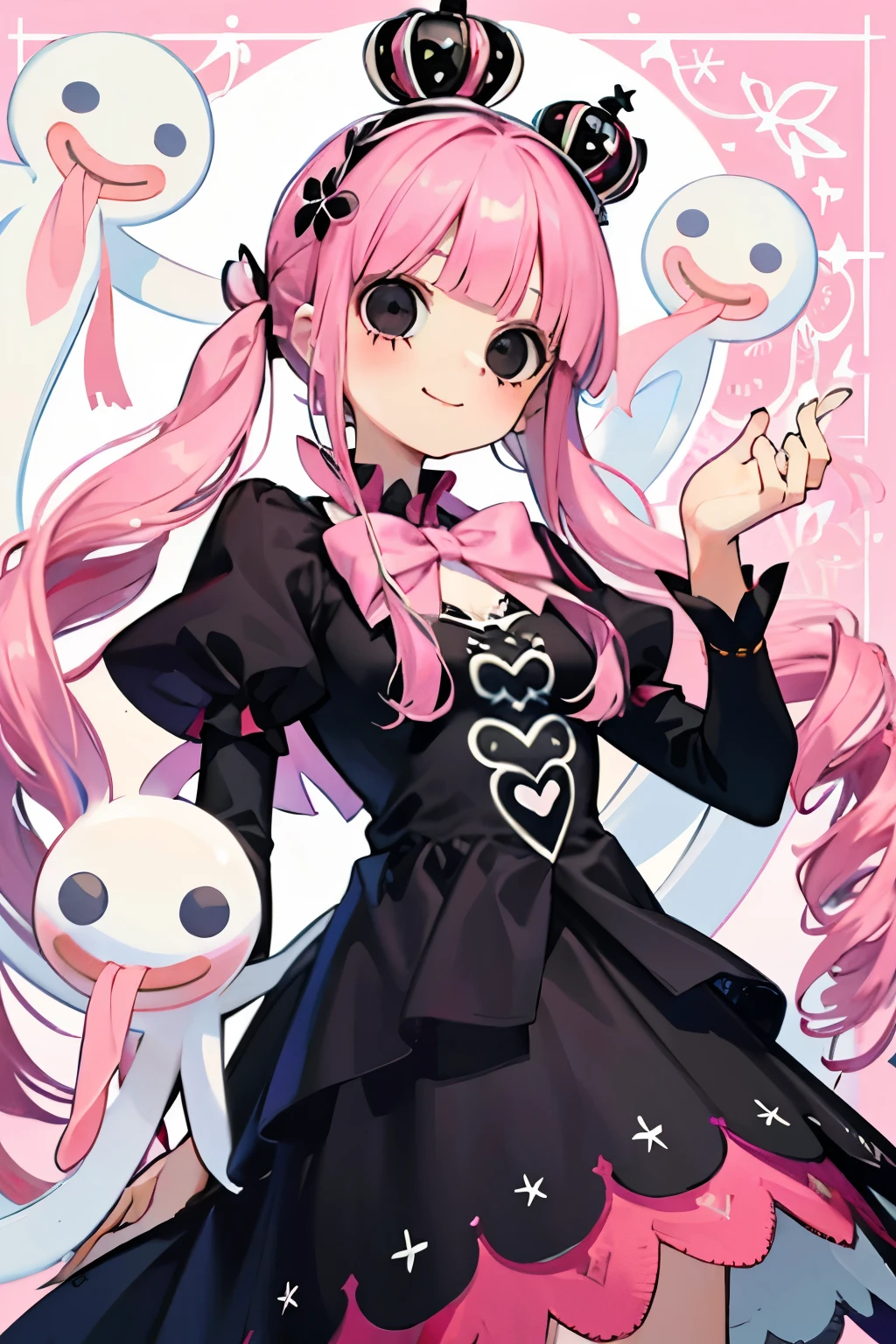 beautiful cute girl,(pink hair:1.2),(drill wave hair:1.1),(black eyes:1.2),((ghost princess:1.1)),smile