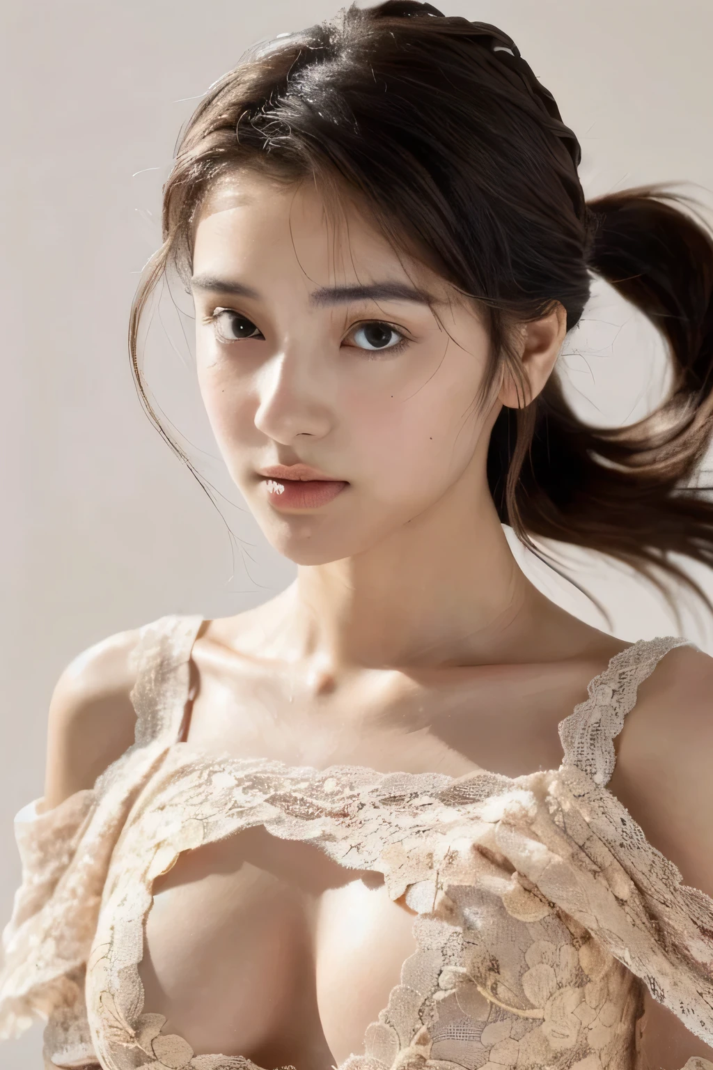 ((Highest quality, 8k, masterpiece: 1.3)), sharp: 1.2, Perfect Body Beauty: 1.6, ((Layered Hairstyles, Small breasts: 2.0)), (white and long legs: 2.0), (Rough ponytail: 2.0), (Golden lace dress: 2.0, Off-the-shoulder dress: 2.0), ((necklace)), Earrings, ring, Bracelet, Hair Accessories, ((Beautiful young ager woman)), ((Straight nose)), (Eyeliner), Armpit Hair, Bristles, ((Beautiful Skin)), Wavy Hair, Beautiful attention to detail, Super detailed, Highly detailed face and skin texture, fine grain, double eyelid, Black Hair, Big Ass, Lower Body, Thighs, (((Skinny))), Wet and shiny lips, smile, Get a grip on your body, ((Anatomically correct human body)), ((Crisp body shape)), Ribs, clavicle, Protruding skeleton, A face without nasolabial folds, Shyness, Thin eyebrows, Big eyes, (from above: 1.8)