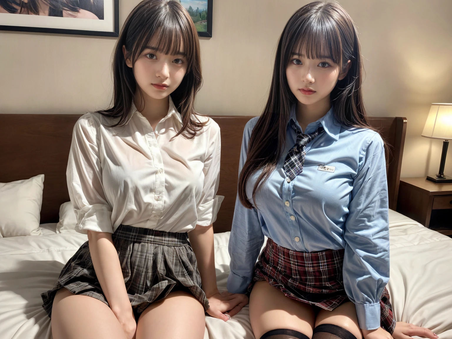 masterpiece, best quality, illustration, Super detailed, fine details, High resolution, 8K,wall paper, perfect dynamic composition,(Details High quality, realistic depiction of eyes:1.3), (2 girls), (white school shirt :1.2), (plaid skirt :1.3), tie black, black thigh-high stockings, sitting, open legs, short bob hair, in a hotel room in the background, deep on field, large breasts, black hair color, Big Natural Color Lip, (perfect body shape), crying a little、Harajuku style、20 year old girl、cute type、beautiful legs, Gravure Idol