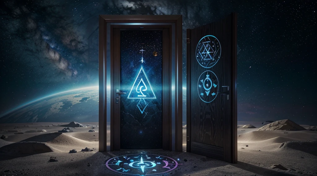 A cosmic door or portal floating in space, adorned with runes and spiritual symbols. By crossing it, you can see a paradisiacal landscape, representing the path to spiritual understanding.