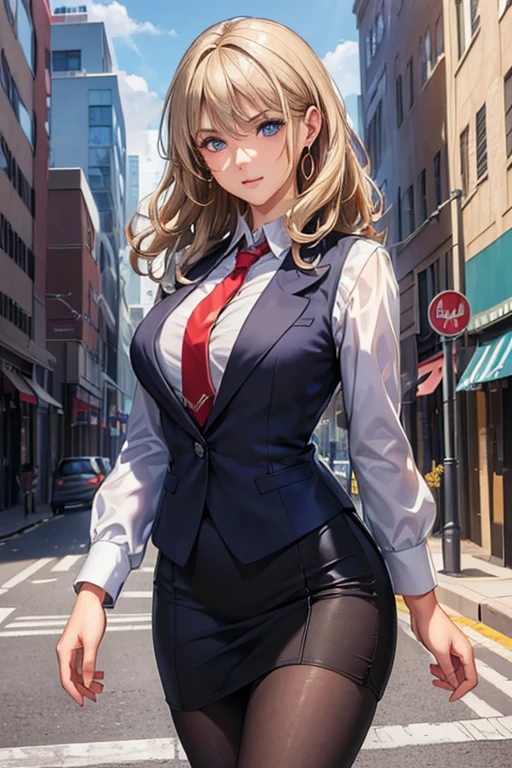 #Basics A girl is posing for a photo, animeのcute女の子, ((One Girl)), (((:1.4)) + ((cute:1.5)) + ((15 years ak
#Clothing Accessories
((Blue Business Suit : White dress shirt + Red tie + Blue suit vest + Blue suit jacket + Black pencil skirt + Low denier black pantyhose), Black high heels),
((Gold hoop earrings) + (Silver Necklace)),
break
#Features
(((Blonde)), ((Curly side hair)), ((Short Hair) : Long Hair + Fuller Hair + Voluminous Hair + Curly Hair)),
((Droopy eyes:1.4, Big eyes:1.2), blue eyes),
break
#background environment
((noon + Sunshine + office Street + Sidewalk + Office buildings and passers-by are visible)),
#Facial Expression Pose
((laughing)), ((Walking pose while looking at smartphone)),
#composition
((Face the camera, (Focus from the front), Cowboy Shot)),
break
#Body parts elements
(Slim figure),
(Detailed Hair, Beautiful Hair, Shiny Hair),
(double eyelid, Long eyelashes),
(Expression of fine eyes, Beautiful and delicate eyes, Sparkling eyes, Eye Reflexes, Glitter Eyeliner),
(Human Ear),
(Beautiful Nose, Thin Nose),
(Glossy Lips, Beautiful Lips, Thick lips), (Symmetrical facial features),
(Detailed skin, Textured skin, Beautiful Skin, Oily skin),
break
#Quality Image Quality Common
(((Highest quality)), ((masterpiece)), ((Very detailed))), ((Ultra-high resolution)), ((16K, 1080P)), ((Full HD)),
(Anatomically correct), (Realistic), (3DCG), (oil), (Detailed cloth texture),
#High quality images and illustrations
((comics, anime)), CG illustration,