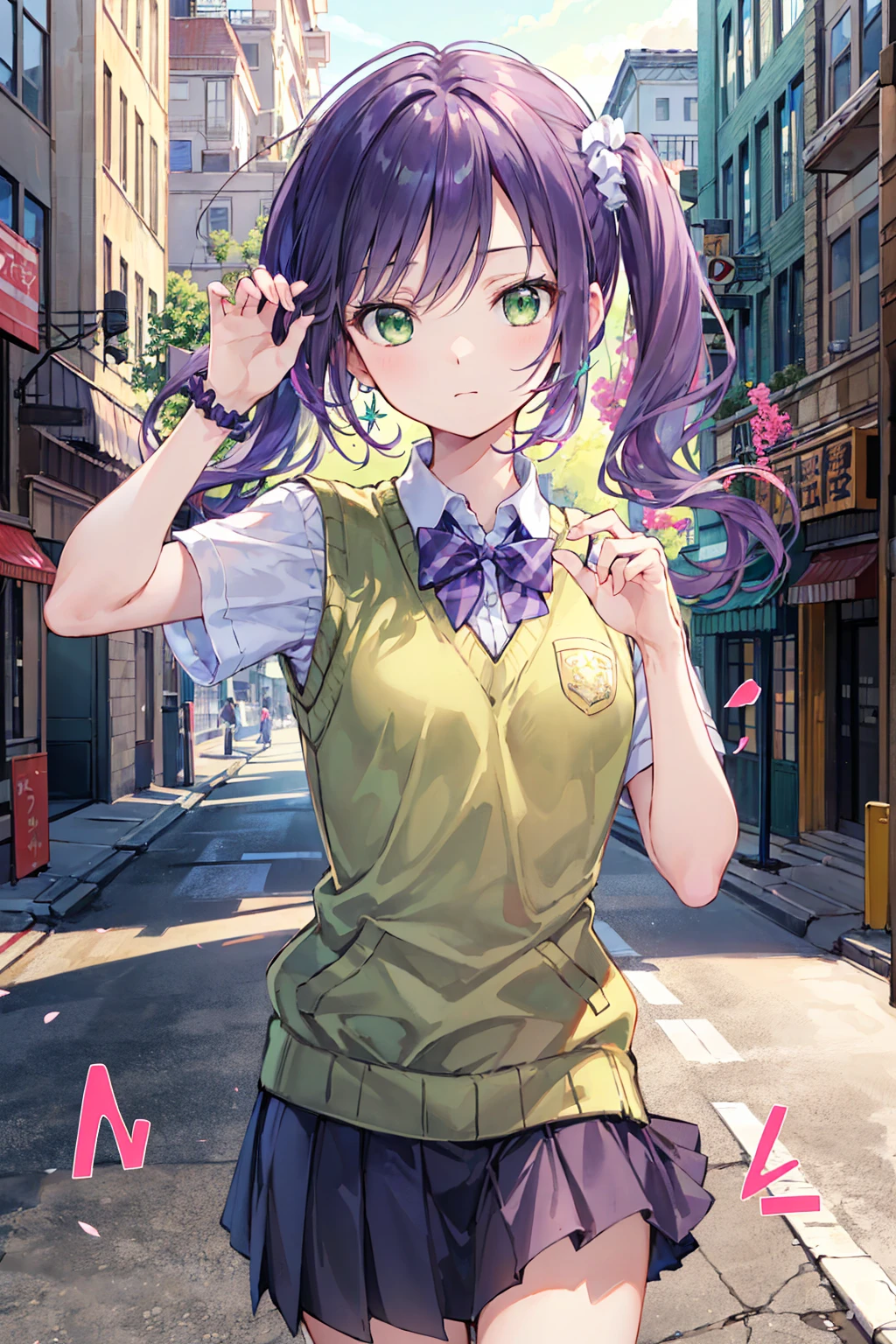 nozomitoujou, Nozomi-san always, (Green Eyes:1.5), Purple Hair, Twin tails, low Twin tails, Scrunchie, Long Hair,
Destroy , pleated skirt, , Short sleeve, skirt, Summer uniform, Sweater vest, white,Sweater vest,
壊す looking at viewer,
Destroy outdoors, City,Destroy a city of buildings (masterpiece:1.2), Highest quality, High resolution, unity 8k wallpaper, (figure:0.8), (Beautiful attention to detail:1.6), Highly detailed face, Perfect lighting, Highly detailed CG, (Perfect hands, Perfect Anatomy),Small breasts,Flat chest