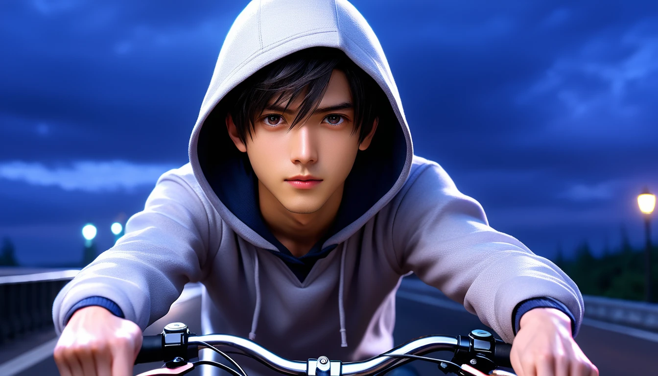 (8k, RAW photos, best quality, masterpiece: 1.4), (((Boy on bike))),Ultra-high resolution, Extremely detailed, light, Upper body close-up, handsome boy, black eyes, (delicate eyes, Eyes are bright:1.2), Black short hair, Fair skin,dark, Grey sweatshirt, sweatshirt with hood,(perfect anatomy:1.2), High-quality shadows, Natural Lighting, (White highlights:1.2), night, cloudy day, (River bridge:1.2)