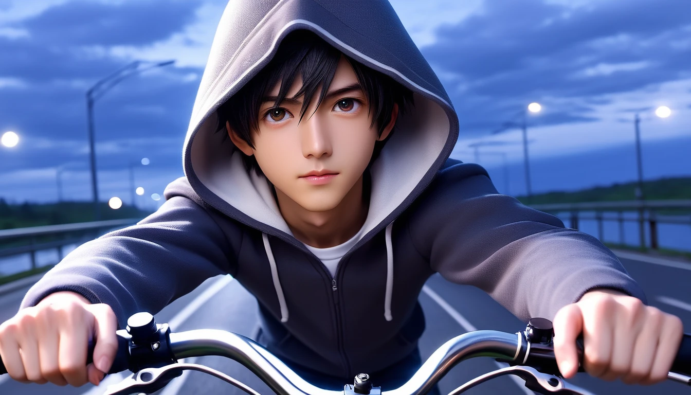 (8k, RAW photos, best quality, masterpiece: 1.4), (((Boy on bike))),Ultra-high resolution, Extremely detailed, light, Upper body close-up, handsome boy, black eyes, (delicate eyes, Eyes are bright:1.2), Black short hair, Fair skin,dark, Grey sweatshirt, sweatshirt with hood,(perfect anatomy:1.2), High-quality shadows, Natural Lighting, (White highlights:1.2), night, cloudy day, (River bridge:1.2)