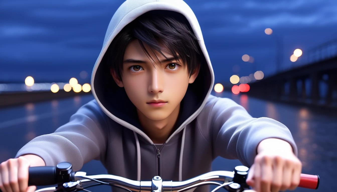 (8k, RAW photos, best quality, masterpiece: 1.4), (((Boy on bike)))，Ultra-high resolution, Extremely detailed, light, Upper body close-up, handsome boy, black eyes, (delicate eyes, Eyes are bright:1.2), Black short hair, Fair skin,dark, Grey sweatshirt, sweatshirt with hood,(perfect ???????:1.2), High-quality shadows, Natural Lighting, (White highlights:1.2), night, cloudy day, (River bridge:1.2)