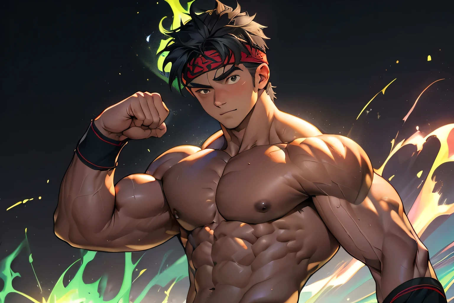 ((masterpiece, best quality)), (((((black background, deep night, upper body))))), (19 year old boy, worm eyes, Young boy, muscler, Shirtless, topless), ((((1boy, flesh, tough, reliable, developed body, blue and green aura effect, holding aura energy)))), (Dark Short straight hair, ((almost completely shaved hair)), under cut, brown eyes), (((red headband, black wristband))), Vivid colors, ((hot Abs:1.2, abs!, big abs, big :1.2, chest!, muscler upper arms)), muscler!, muscler body, detailed face, detailed muscle, (((rippling muscles, Flowing energy, giving off an aura of holy power))), Include intense special effects such as bursts of light, energy waves, and wind to emphasize the power of his magic. Highlight his aura