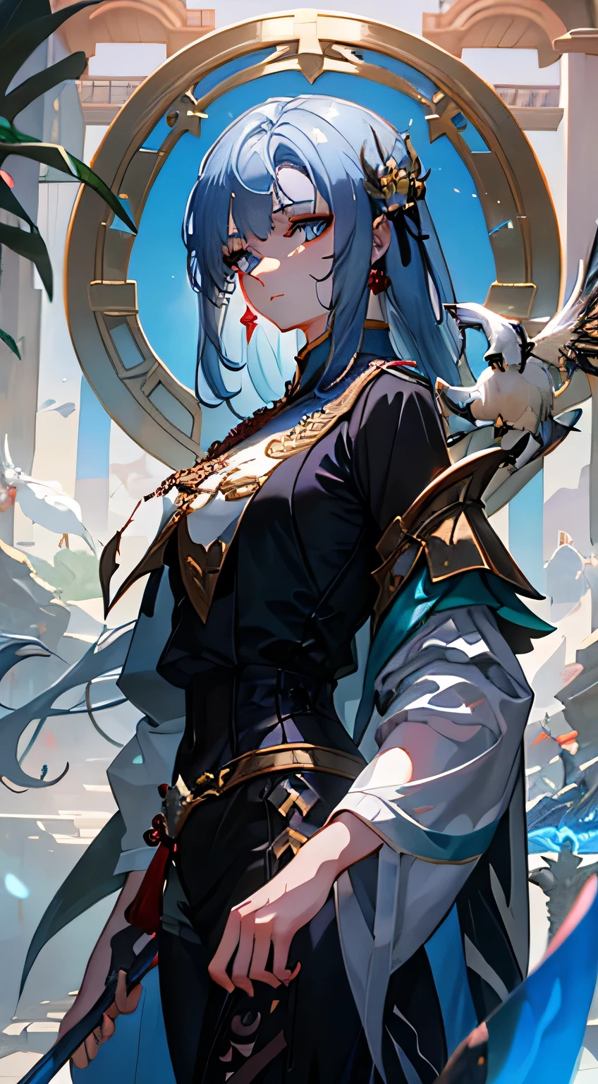 wearing black robe、Anime style image of a woman with blue hair, beautiful androgynous prince, author:Yang Jie, Handsome guy in the art of slaying demons, guweiz style artwork, Exquisite androgynous prince, guweiz on pixiv artstation, 《Genshin》Keqing, guweiz on artstation pixiv