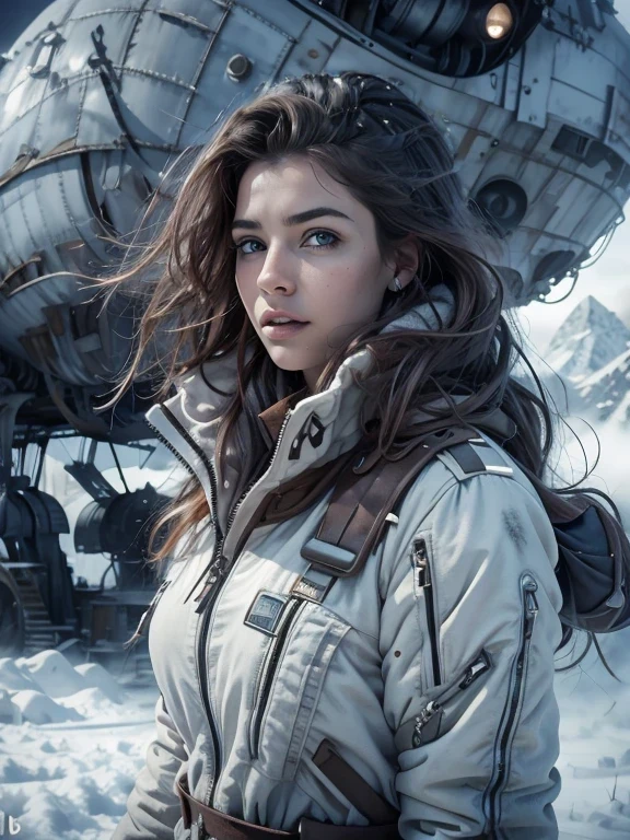 detailed,8k,photorealistic,cinematic lighting,dramatic lighting),(apocalyptic,snowy winter landscape),(beautiful young woman,23 years old,gorgeous european features,cleavage,long wavy brown hair,intense gaze,elegant pose),(giant futuristic spacecraft,high-tech shuttle,cold icy environment)