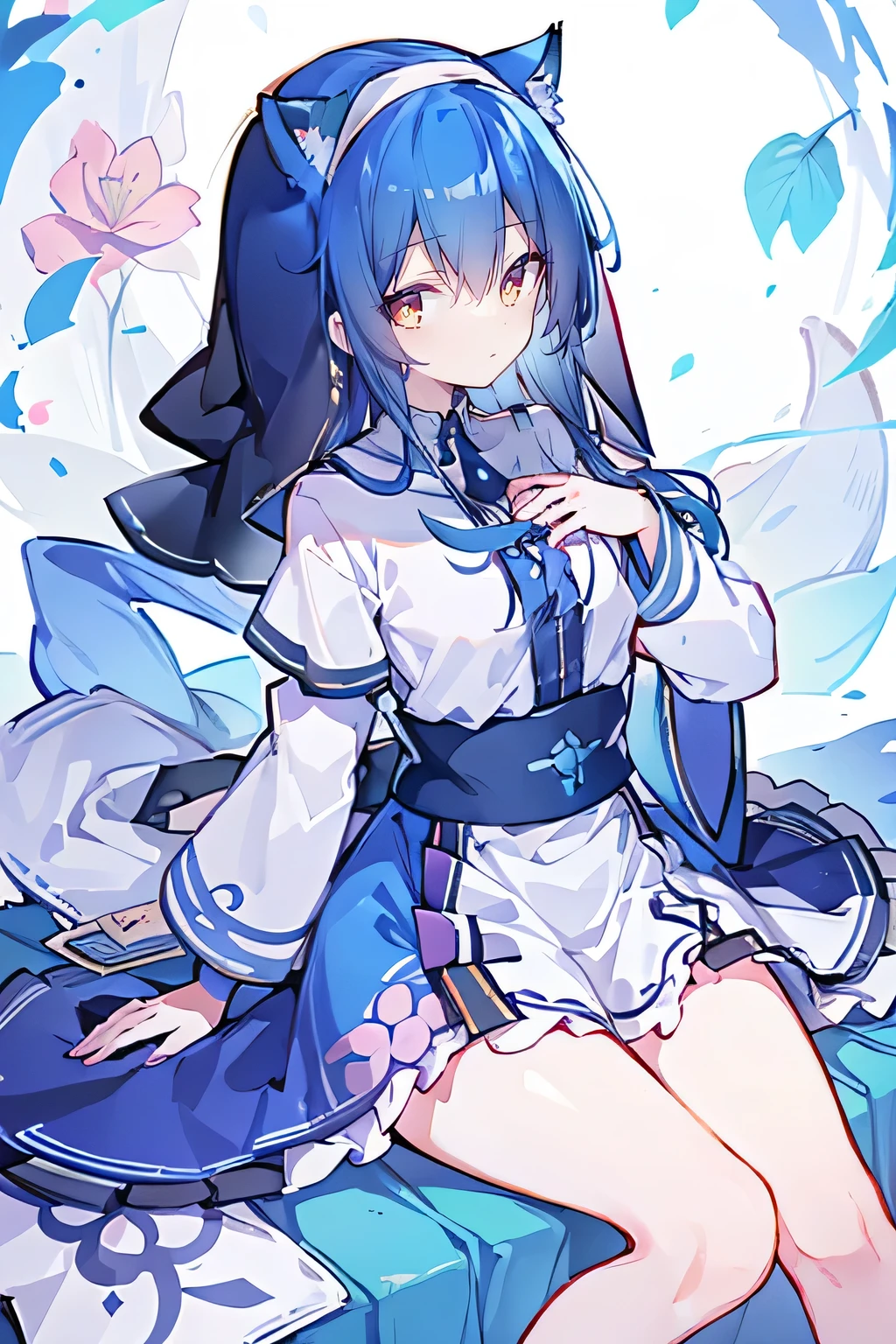 (masterpiece:1.2),Extremely detailed,Practical,expressive eyes,Fair skin,Perfect face shaping,1 Girl,
Japanese cartoons,Gorgeous blue hair, the long flowing blue hair,Floating clothes,Cat ears,Petals fall,beautiful lola,Young Angel,
Place your hands on your waist,sit elegantly on the ground,Cross your legs,Gentle and peaceful background,stately church,nun.