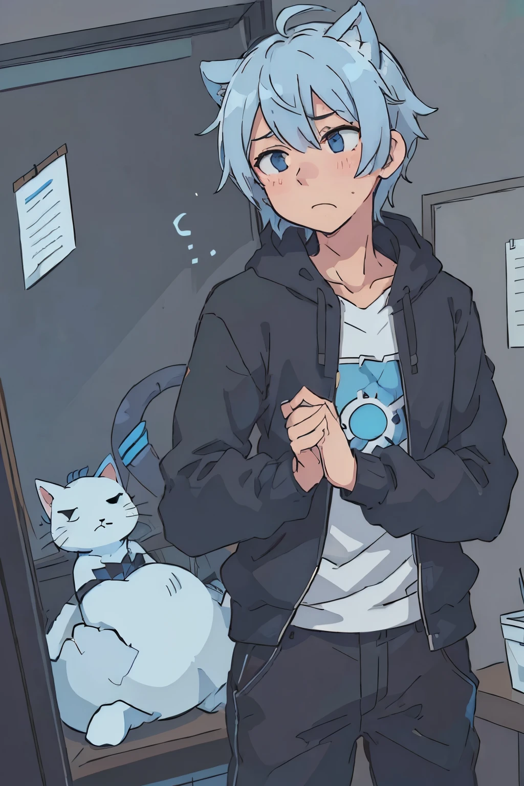 (best quality:0.8) perfect anime illustration, a gentle man, man with short blue light hair and cat ear, waring black hoodie, black trousers, stand up, office room background