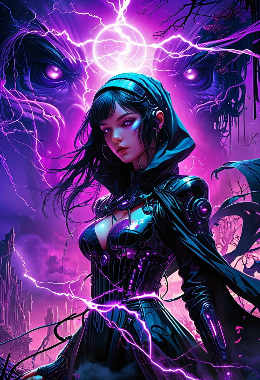 Illustration, anime, cybernetic mage, vintage poster, biopunk, horror, dark and intricate, oil painting, electric purple and black, witchcore, mystical landscape, psychedelic