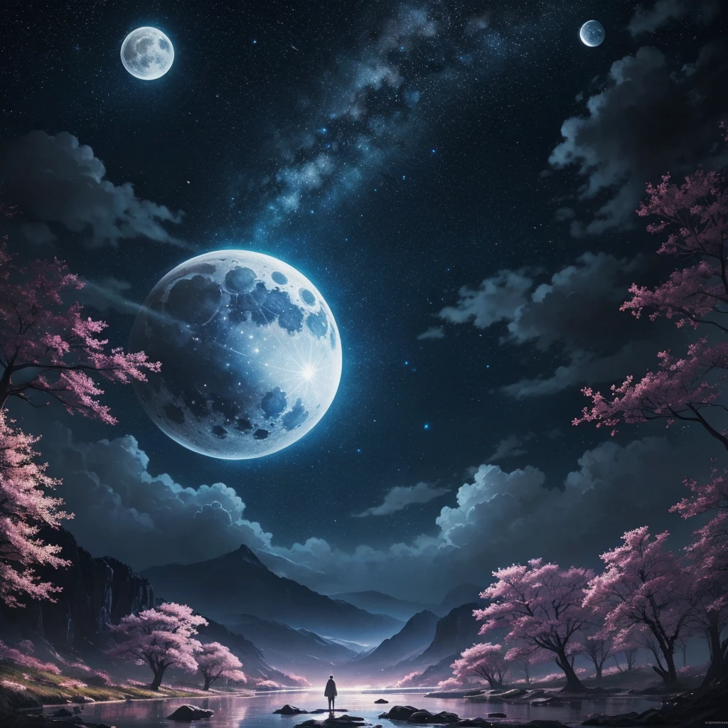 Highly concentrated beauty wrapped in paintings of rivers, stars and the moon in the sky, Concept art inspired by Mitsuoki Tosa, White petals fluttering, pixiv Contest Winner, Highest quality, Fantasy art, Beautiful anime scene, Bright moon round, Starry Sky environment under moonlight, Dream Painting, Anime Background Art, Dreamscape Painting, Great night, Anime Background, Background artwork, Great art, Atmospheric anime, Starry Sky, Detail enhancements. --automatic