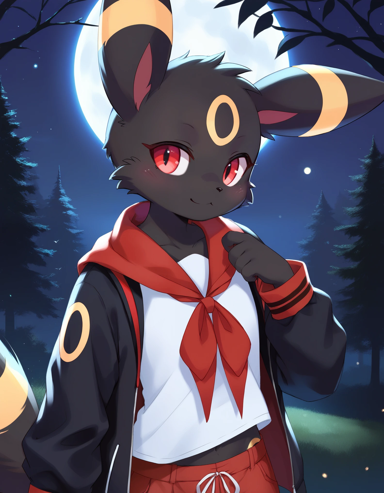 score_9, score_8_up, score_7_up, source_furry, rating_safe, (ancesra), 1girl,anthro, umbreon, black body fur, gold markings, pokemon, red eyes, fluffy fur, at night, moonlight, forest, detailed background, best quality, clothing