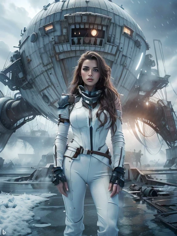 detailed,8k,photorealistic,cinematic lighting,dramatic lighting),(apocalyptic,snowy winter landscape),(beautiful young woman,23 years old,gorgeous european features,cleavage,long wavy brown hair,intense gaze,elegant pose),(giant futuristic spacecraft,high-tech shuttle,cold icy environment)