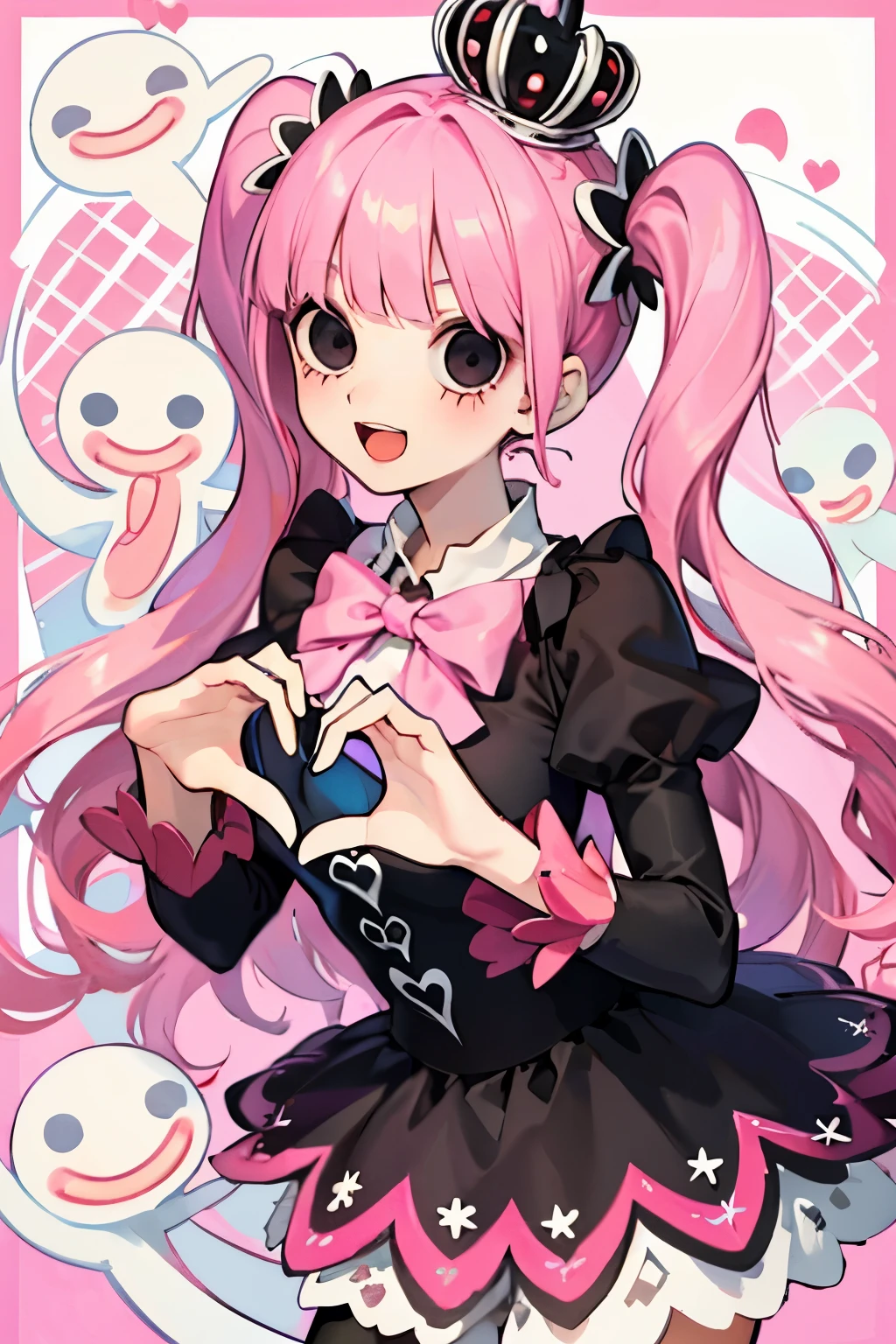 beautiful cute girl,(pink hair:1.2),(drill wave hair:1.1),(black eyes:1.2),((ghost princess:1.1)),smile,(open your mouth:1.1),((hands heart:1.2)).