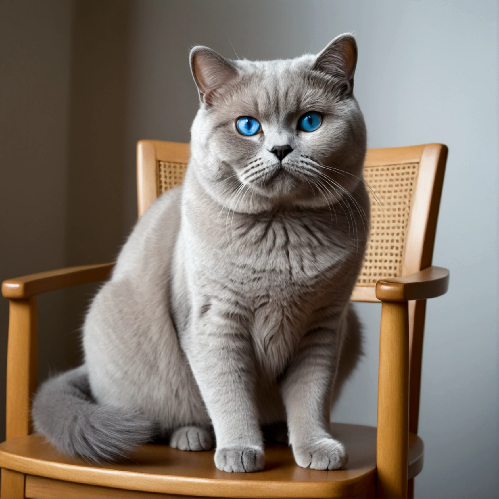 a beautiful british shorthair cat. he has blue eyes and long fur. he is chasing a mouse. A woman sitting on a chair. she has long blon hair