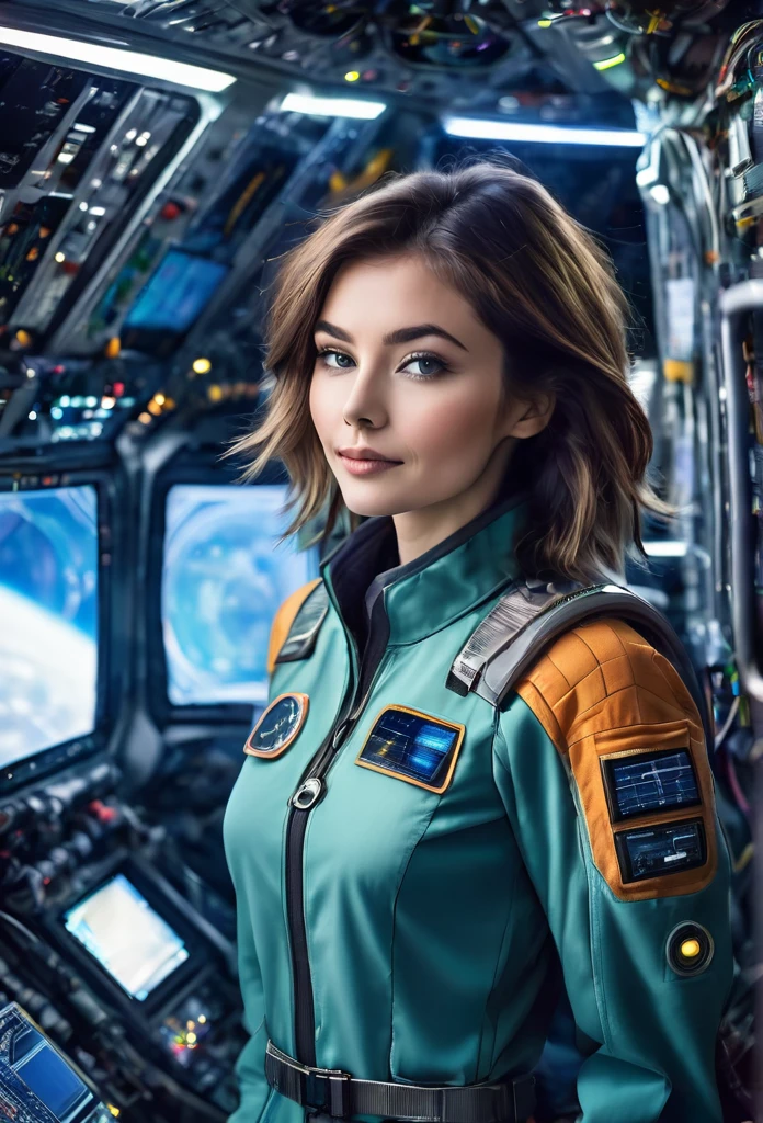 A (beautiful) and (attractive) woman. 25 years old. Medium length straight shaggy hair. In a futuristic uniform dressed as a researcher in a team on an alien planet. With a beautiful, intelligent face. Examining a computer instrument panel inside a spacecraft.  She is wearing a high-tech spaceship crew uniform.