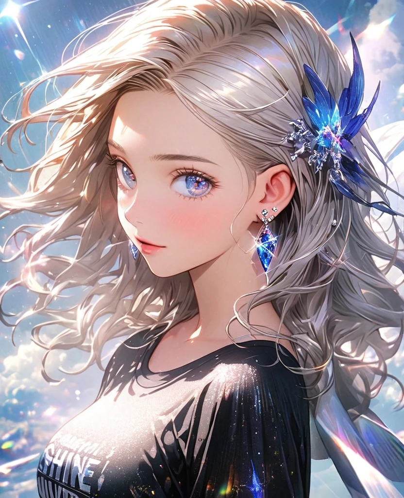 8K,gal，an extremely delicate and beautiful,Beautiful and realistic skin,Shiny jewel-like earrings,Shine like glitter long silver hair,beautiful eyes,full body,ジーパン,Tシャツ,ファッションモデル