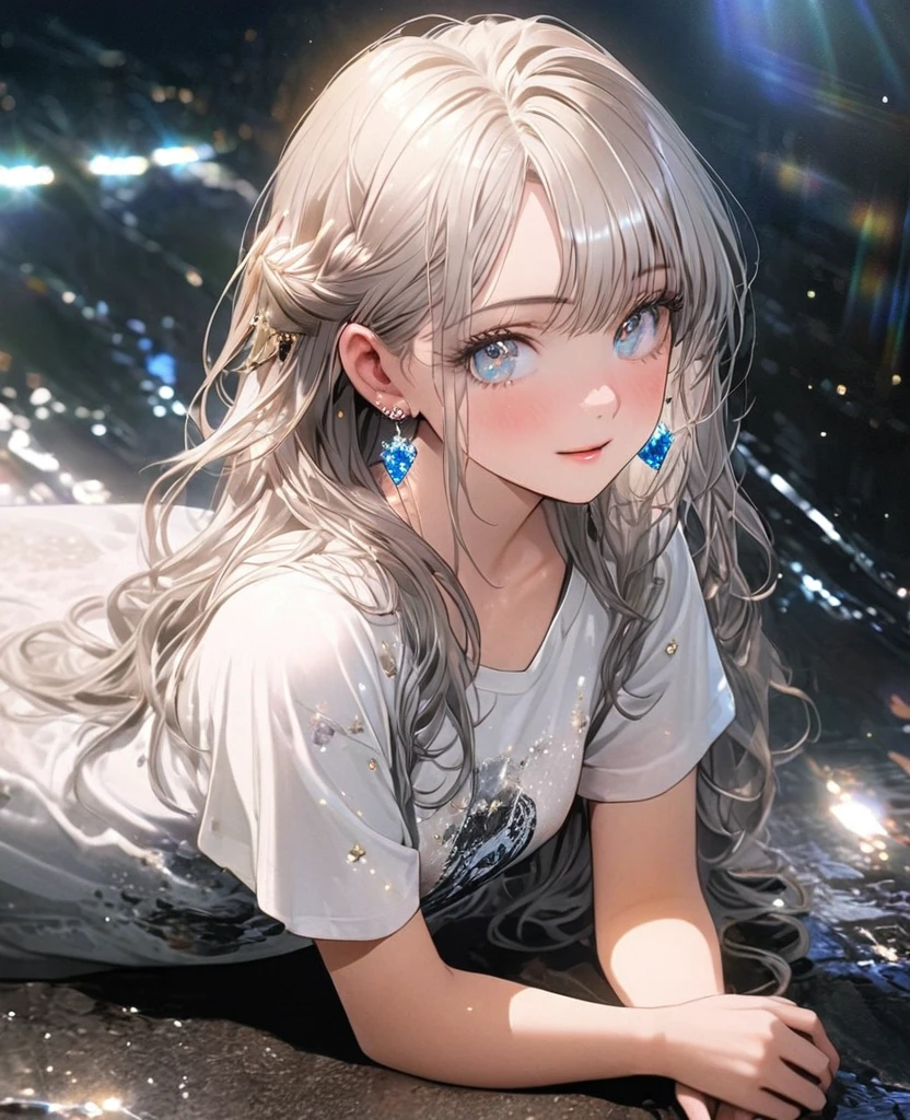 8K,gal，an extremely delicate and beautiful,Beautiful and realistic skin,Shiny jewel-like earrings,Shine like glitter long silver hair,beautiful eyes,full body,ジーパン,Tシャツ,ファッションモデル