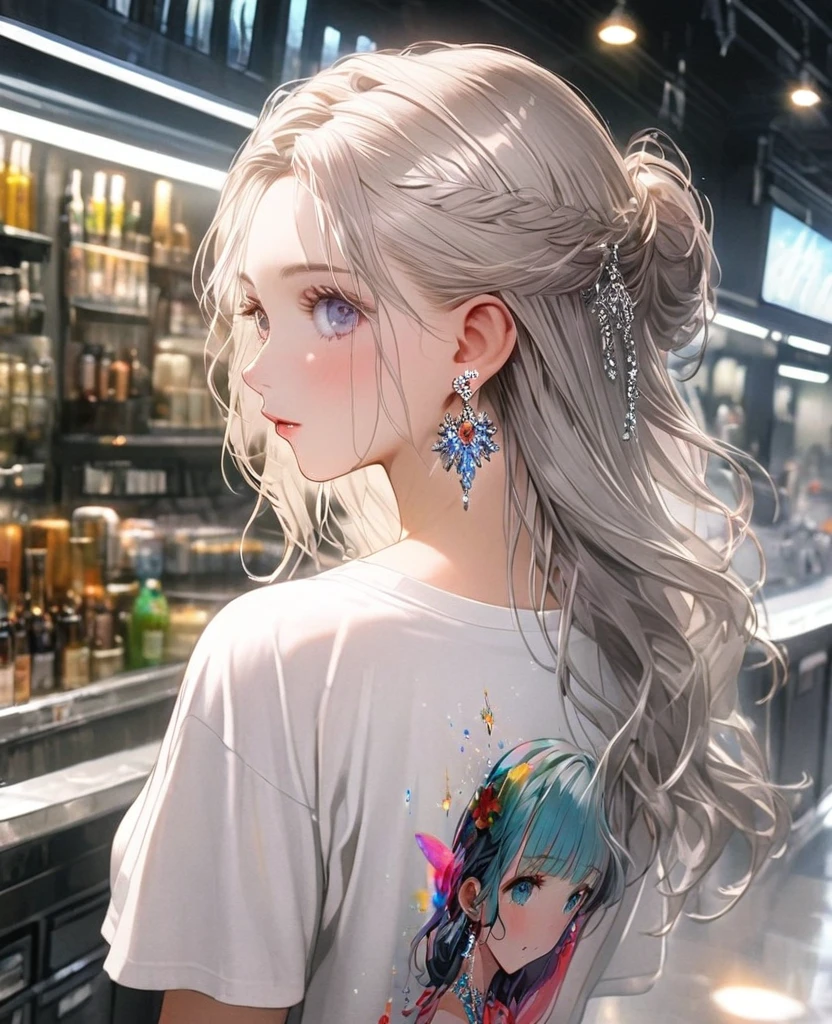 8K,gal，an extremely delicate and beautiful,Beautiful and realistic skin,Shiny jewel-like earrings,Shine like glitter long silver hair,beautiful eyes,full body,ジーパン,Tシャツ,ファッションモデル