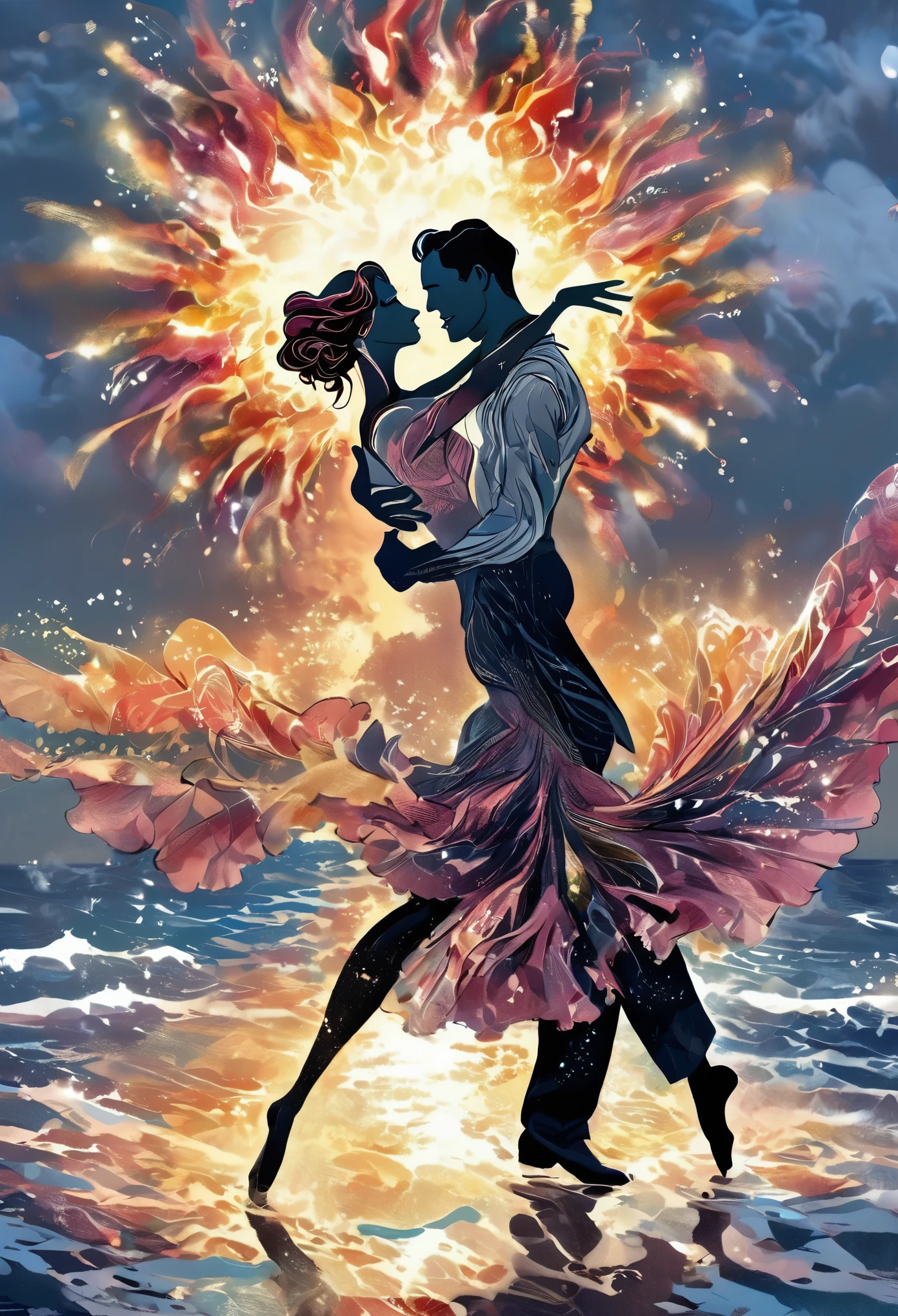 ((heterosexual couple dancing tango on the sea surface:1.5)), at night:1.4, clouds illuminated by fireworks:1.4, a beautiful view of the coast with buildings:1.4 and fireworks in the background:1.4, ((Idyllic and magical scene imaginatively dancing on the surface of the sea.:1.3)),((perfect, meticulously detailed, flawless: 1.4), ((masterpiece)), (hyperdetailed: 1.3), (photorealistic: 1.4), epic lighting, well-defined lights and shadows, 32K.