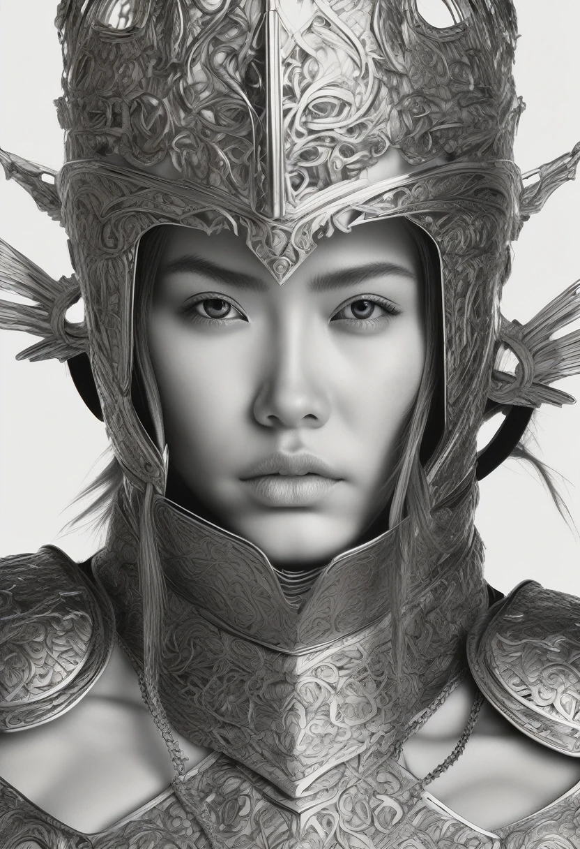 (((continuous line drawing in pencil:1.2))), Knight Girl, insane armor, strong below, sharp features and intense look, big almond eye, the drawing is incredibly detailed, meticulously intricate details,