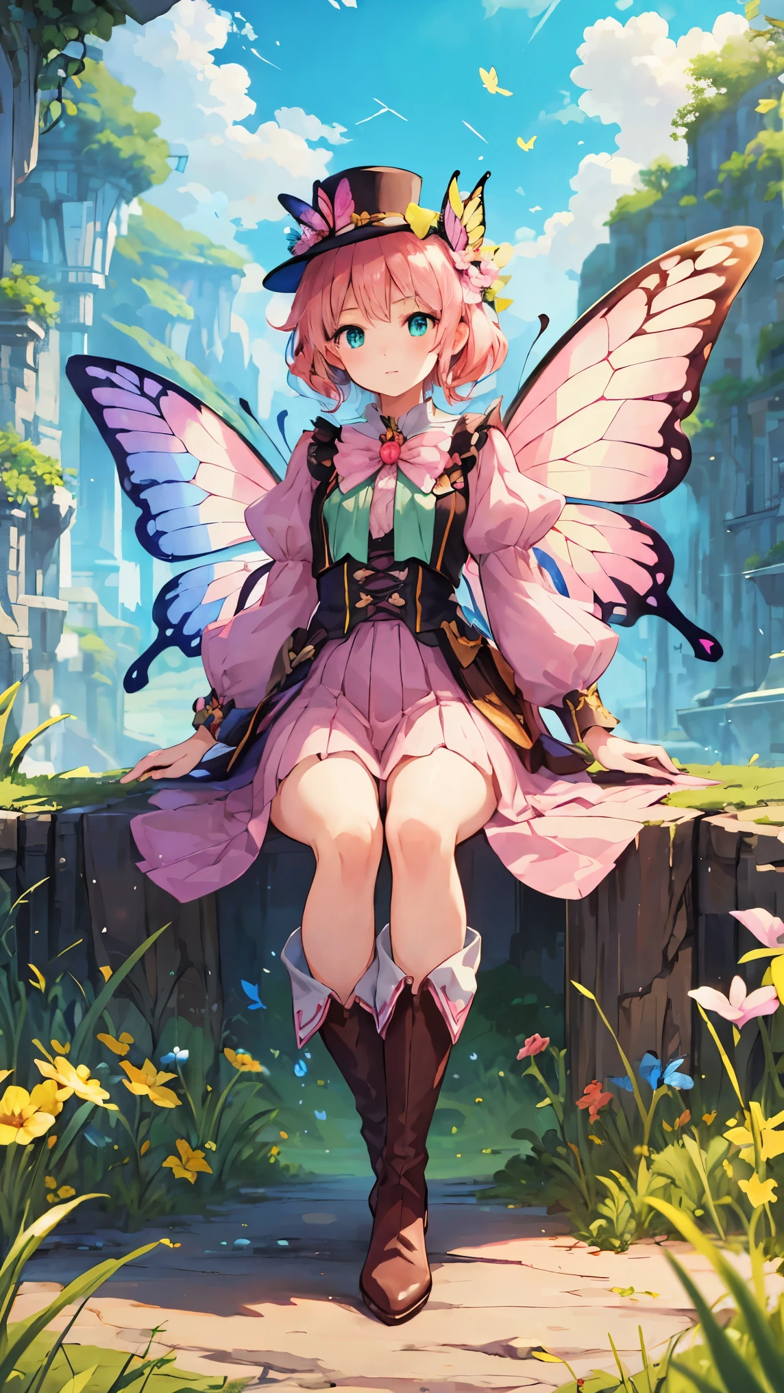 ((best quality)), ((masterpiece)), (detailed), 1girl,  fairy, winged fairy, swallowtail butterfly wings, pointed hat, pink hair, green clothes, leather boots, fly in the sky, Spread colorful feathers, Fantasy art, fantasy anime