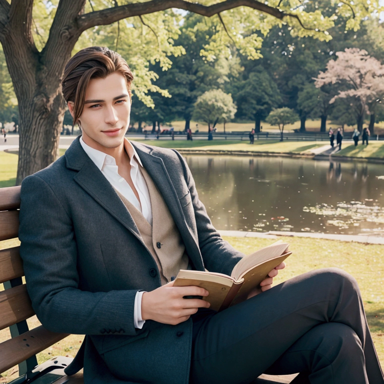 "Illustrate a realistic image of a handsome man with a fashionable hairstyle, sitting on a park bench reading a book. He has a gentle smile on his face, and his eyes are warm and kind. The background includes trees, a pond, and people strolling in the park."
