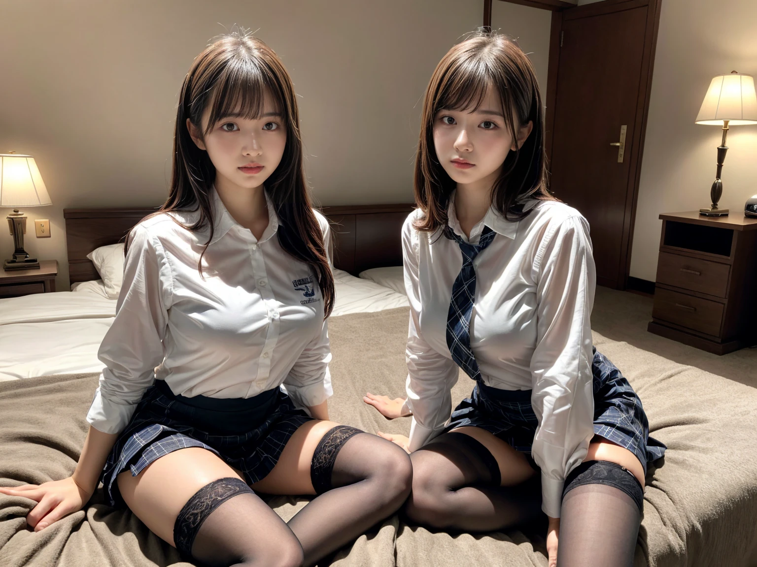 masterpiece, best quality, illustration, Super detailed, fine details, High resolution, 8K,wall paper, perfect dynamic composition,(Details High quality, realistic depiction of eyes:1.3), (2 girls), (white school shirt :1.2), (plaid skirt :1.3), tie black, black thigh-high stockings, sitting, open legs, short bob hair, in a hotel room in the background, deep on field, large breasts, black hair color, Big Natural Color Lip, (perfect body shape), crying a little、Harajuku style、20 year old girl、cute type、beautiful legs, Gravure Idol