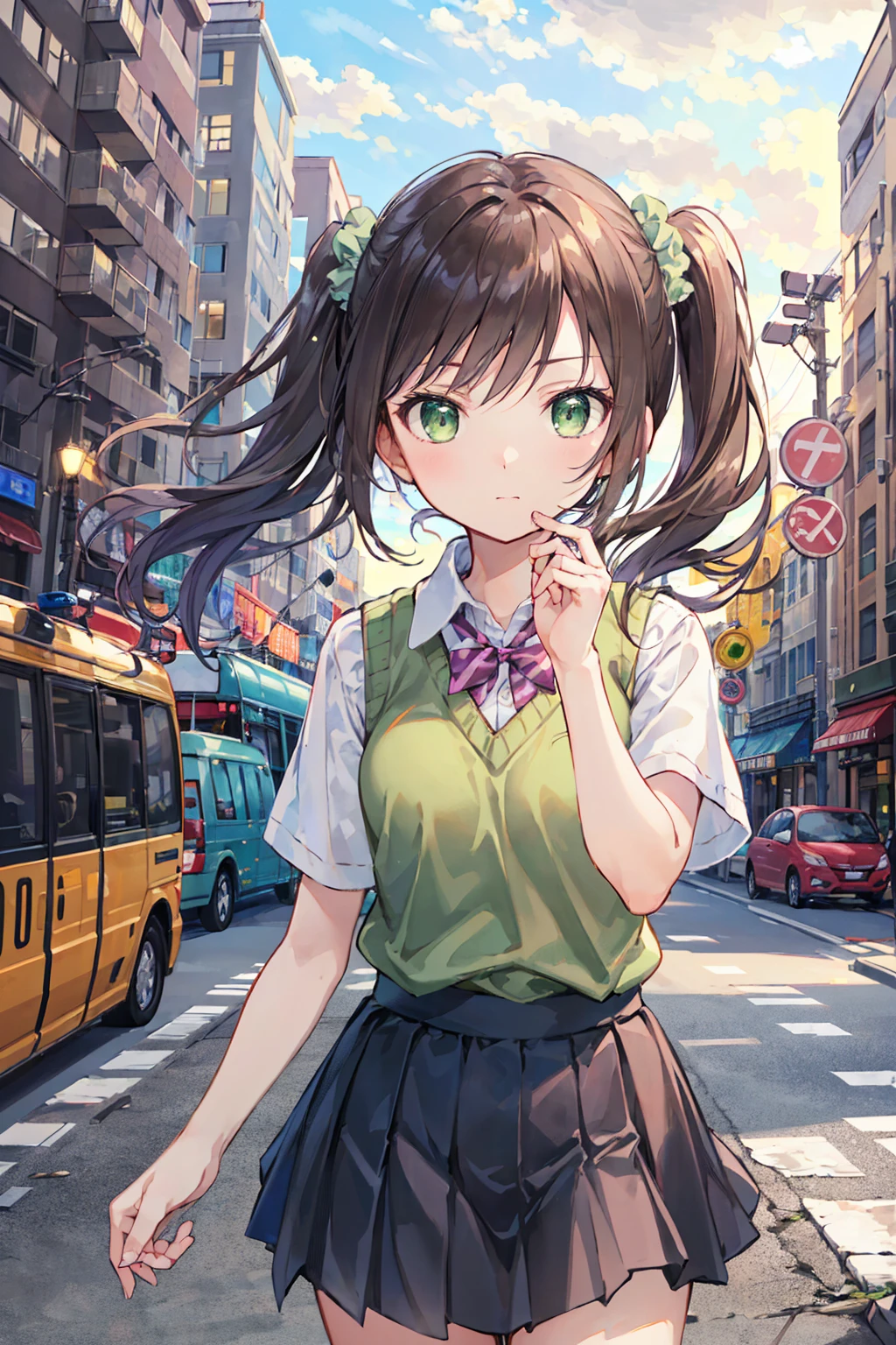 nozomitoujou, Nozomi-san always, (Green Eyes:1.5), Brown Hair, Twin tails, Shortcuts, Scrunchie,
Destroy , pleated skirt, , Short sleeve, skirt, Summer uniform, Sweater vest, white,Sweater vest,
壊す looking at viewer,
Destroy outdoors, City,Destroy a city of buildings (masterpiece:1.2), Highest quality, High resolution, unity 8k wallpaper, (figure:0.8), (Beautiful attention to detail:1.6), Highly detailed face, Perfect lighting, Highly detailed CG, (Perfect hands, Perfect Anatomy),Small breasts,Flat chest