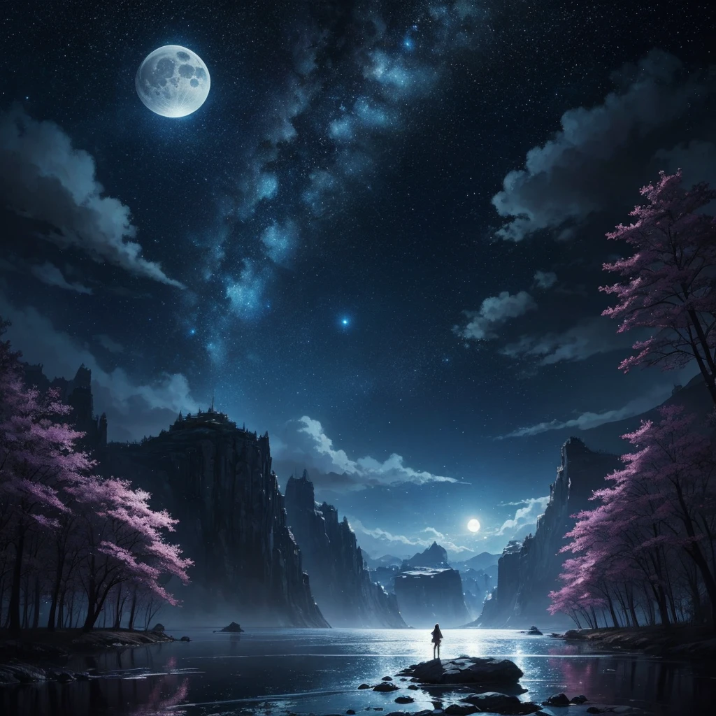 Highly concentrated beauty wrapped in paintings of rivers, stars and the moon in the sky, Concept art inspired by Mitsuoki Tosa, White petals fluttering, pixiv Contest Winner, Highest quality, Fantasy art, Beautiful anime scene, Bright moon round, Starry Sky environment under moonlight, Dream Painting, Anime Background Art, Dreamscape Painting, Great night, Anime Background, Background artwork, Great art, Atmospheric anime, Starry Sky, Detail enhancements. --automatic
