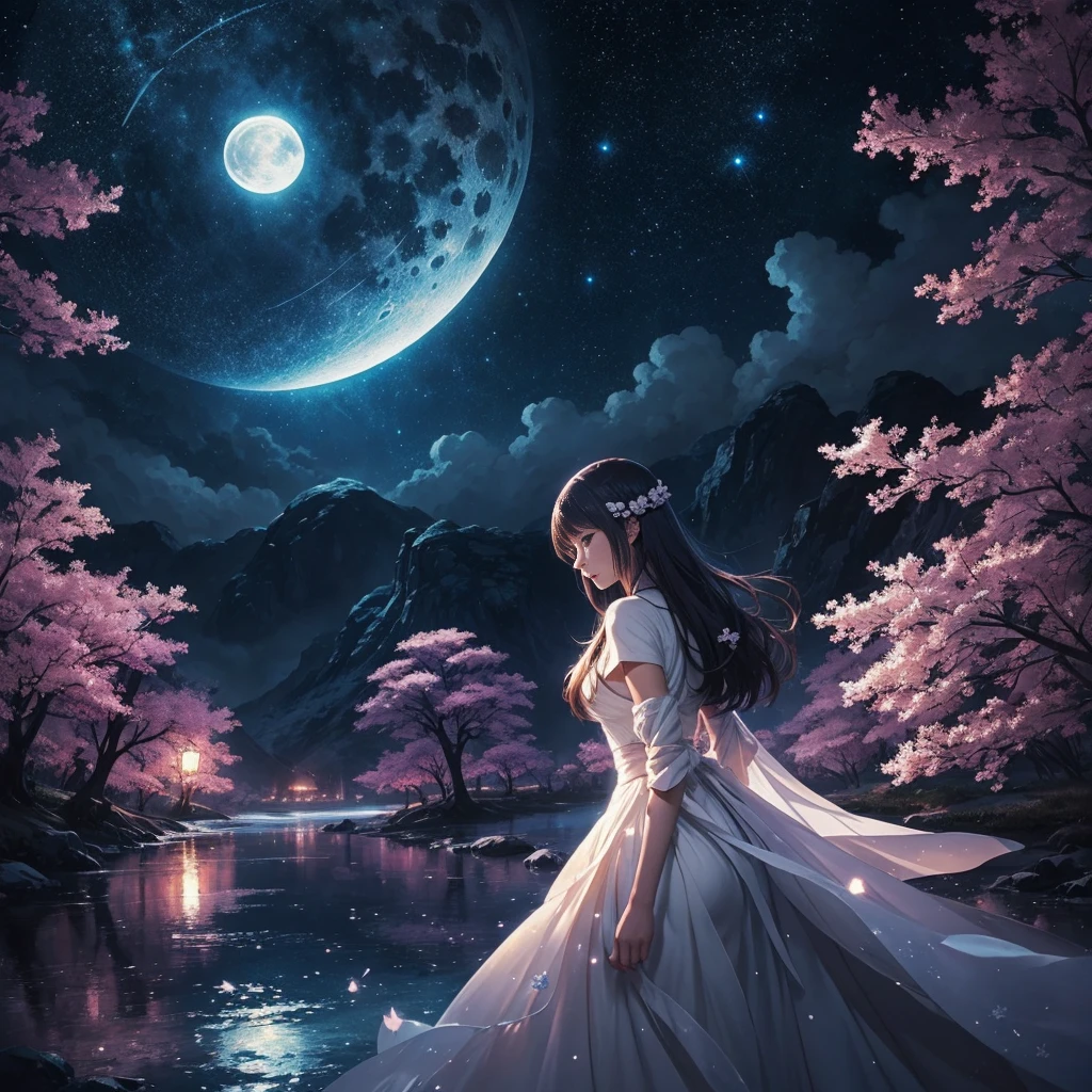 Highly concentrated beauty wrapped in paintings of rivers, stars and the moon in the sky, Concept art inspired by Mitsuoki Tosa, White petals fluttering, pixiv Contest Winner, Highest quality, Fantasy art, Beautiful anime scene, Bright moon round, Starry Sky environment under moonlight, Dream Painting, Anime Background Art, Dreamscape Painting, Great night, Anime Background, Background artwork, Great art, Atmospheric anime, Starry Sky, Detail enhancements. --automatic