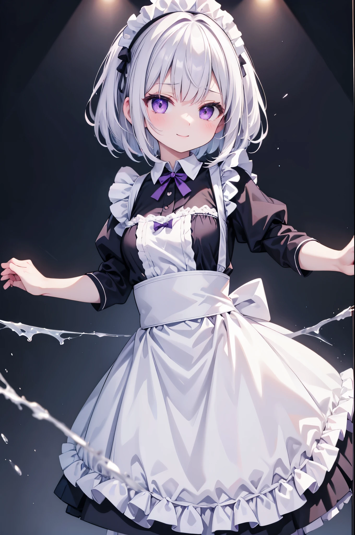 high resolution,smile,woman,woman1人,adult,cute, Medium Hair, White Hair,BREAK,
Purple eyes,BREAK,Maid clothes,BREAK,Facing forward,BREAK,Light blue background,