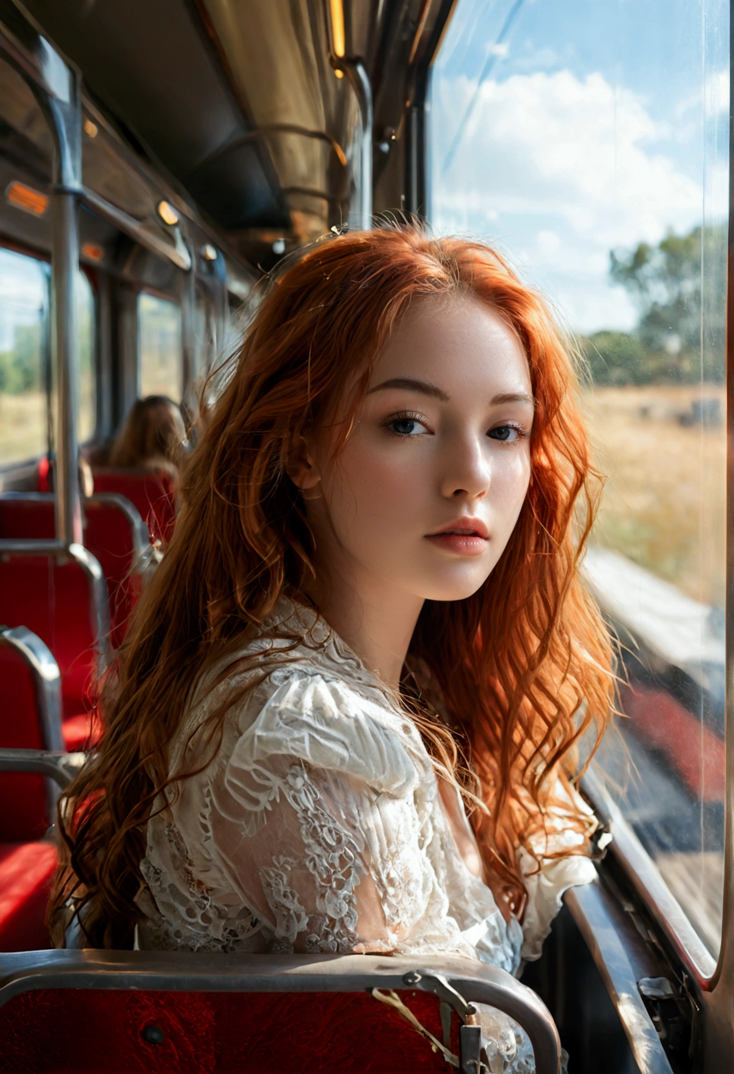 (full body shot:1.7) photorealistic image of a (standing pose:1.3) woman, ultra realistic, photography, long red hair, girl, 24 years old, hourglass figure, perfect body, natural medium breasts, blur background, smokey eye make-up, long eyelashes, looking seductive, seduction, dreamy look, full body, full body picture, full body shot, wide angle, wide angle picture, she is sitting in the train, outside it is a beautiful sunny day, she is leaning back in her seat, she has her eyes closed,