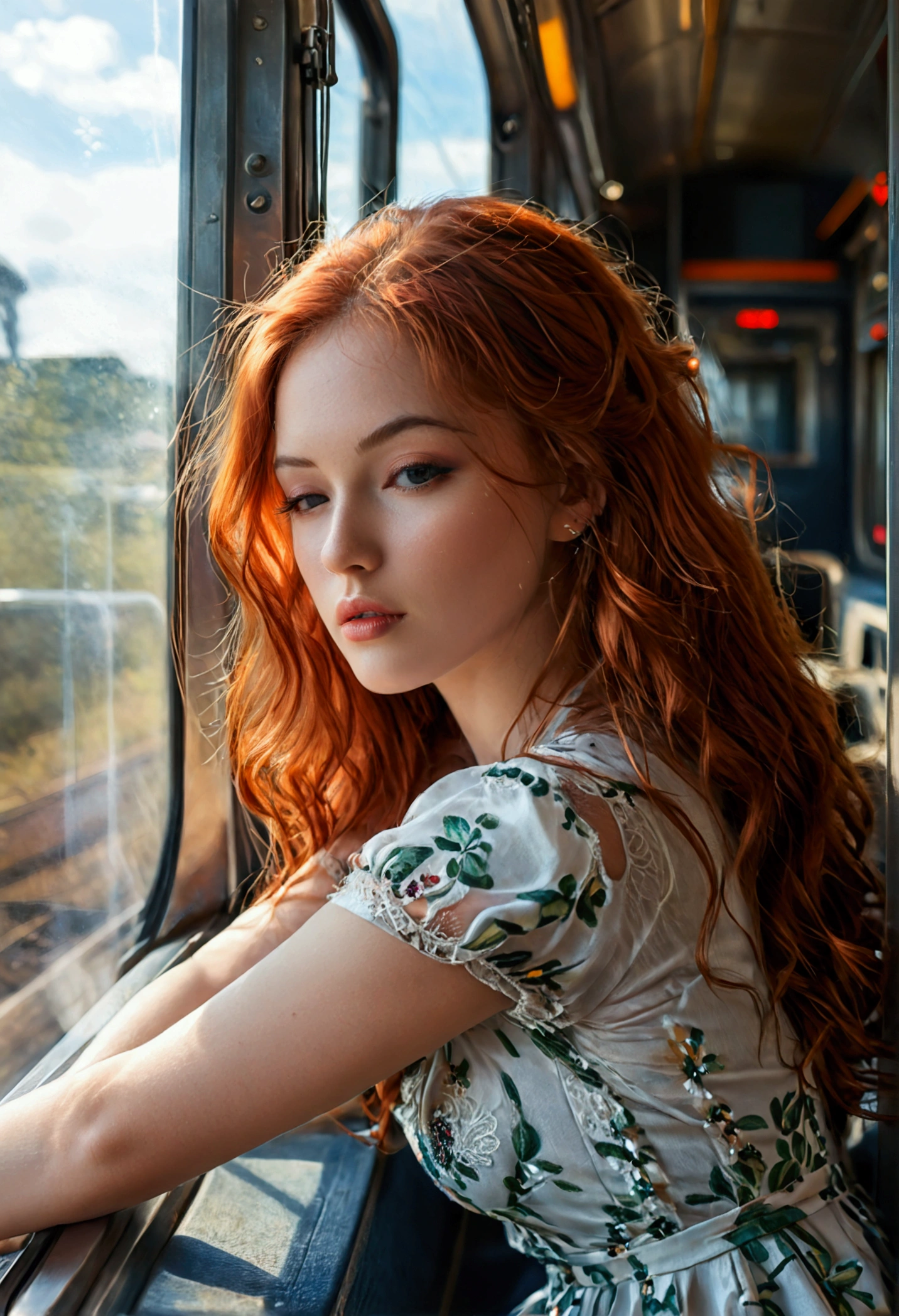 (full body shot:1.7) photorealistic image of a (standing pose:1.3) woman, ultra realistic, photography, long red hair, girl, 24 years old, hourglass figure, perfect body, natural medium breasts, blur background, smokey eye make-up, long eyelashes, looking seductive, seduction, dreamy look, full body, full body picture, full body shot, wide angle, wide angle picture, she is sitting in the train, her face is sweating, outside it is a beautiful sunny day, through the open window of the train a fresh breeze comes in, she has wind in her hair, wind is blowing in her hair