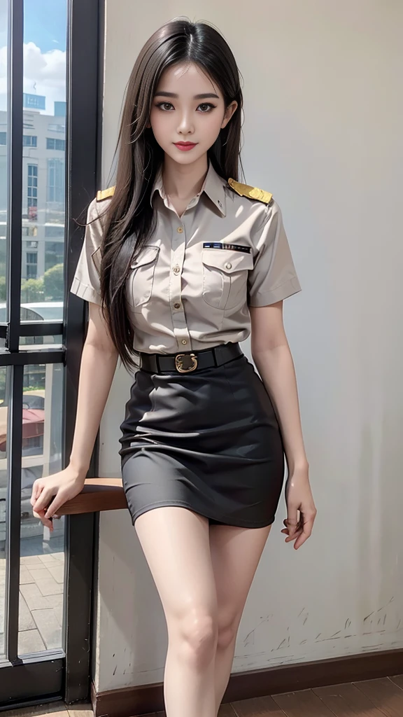 Khaki suit, khaki civil servant, Thai teacher uniform:1.3, beautiful girl, ผมlongสองเมตร, ผมlongเป็นพิเศษ, long hair that catches the eye, ผมlongสีดำ, ผมของเธอlongมาก., long, shiny hair, long, thick, soft hair, ผมlongเป็นพิเศษ, Dynamic posts, like full body, Short sleeve shirtสีกากี, Short pencil skirtสีกากี, side cut, Decorated with military insignia.., black high heels, The sexiest, small waist, hips raised, small thighs, long legs, big breastsโต, big breasts:1.5, big breast, Very big breasts, eye-catching breasts, Big breasts see through shirt, Not all coverage, big breast, big breast, Big D, สาวผมlongสองเมตร, Beautiful face, red lips, Very shiny, แต่งBeautiful face, military rank insignia, Short pencil skirt, tight, Short sleeve shirt, tight fitting, (ultra short skirt, sexy short skirt, Focus on short skirts, Standing puppet, walk, straight face, pull up skirt, Beautiful thighs, short skirt, short skirtมาก, very short skirt), in the classroom, blackboard, teaching, speaking