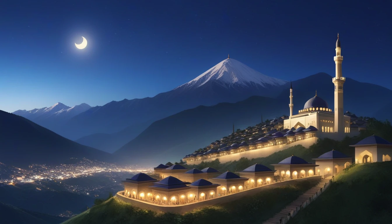 at night, many mountain, masjid on one the mountain, one village