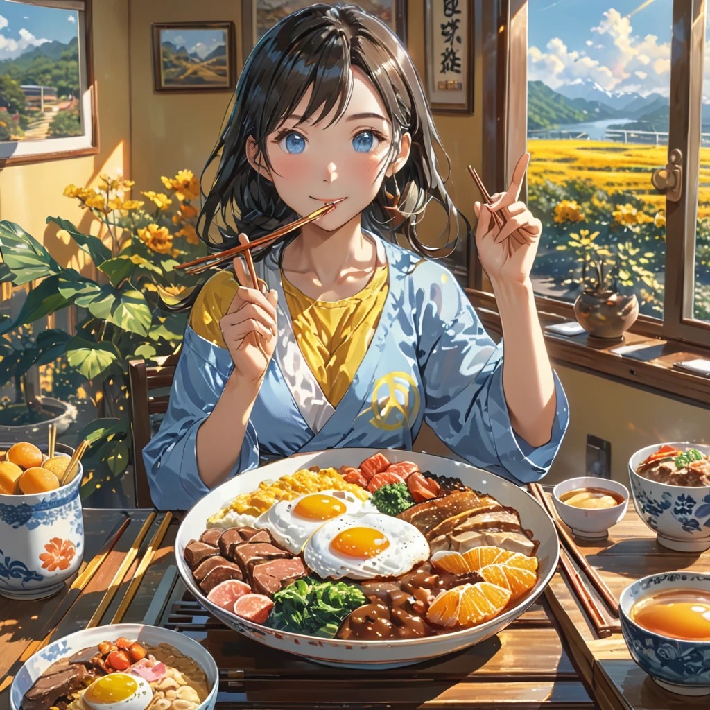 eating breakfast, good scenery, beautiful sunshine, best food, anime style, masterpiece, one hand holding chopstick, one hand peace sign, UHD, accurate, high quality, high details, super detail, award winning, best quality, 16, 5 fingers, best hands, perfect fingers