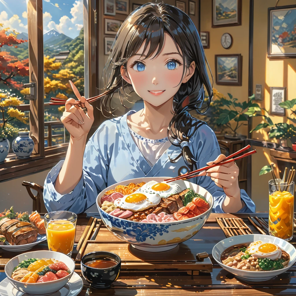 eating breakfast, good scenery, beautiful sunshine, best food, anime style, masterpiece, one hand holding chopstick, one hand peace sign, UHD, accurate, high quality, high details, super detail, award winning, best quality, 16, 5 fingers, best hands, perfect fingers