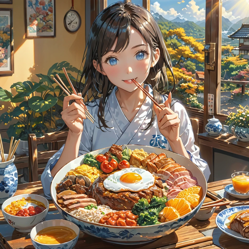 eating breakfast, good scenery, beautiful sunshine, best food, anime style, masterpiece, one hand holding chopstick, one hand peace sign, UHD, accurate, high quality, high details, super detail, award winning, best quality, 16, 5 fingers, best hands, perfect fingers