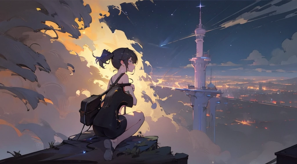 masterpiece,night,(dark alley),star、Night Sky、Overlooking the city、milky way、Back view、octone、
(1 girl), (solo), Knee hugging sitting，acousticguitar