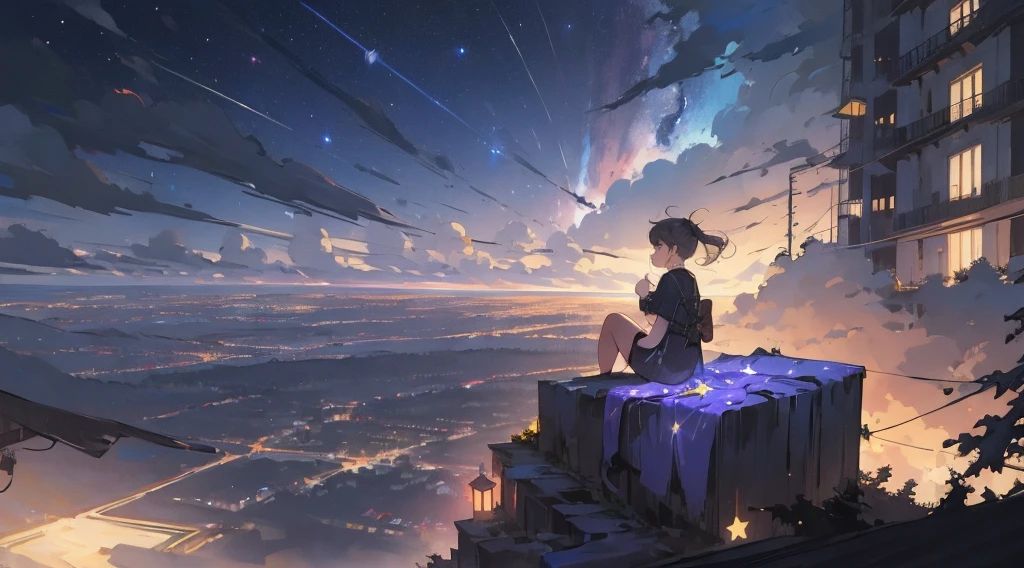 masterpiece,night,(dark alley),star、Night Sky、Overlooking the city、milky way、Back view、octone、
(1 girl), (solo), Knee hugging sitting,acousticguitar