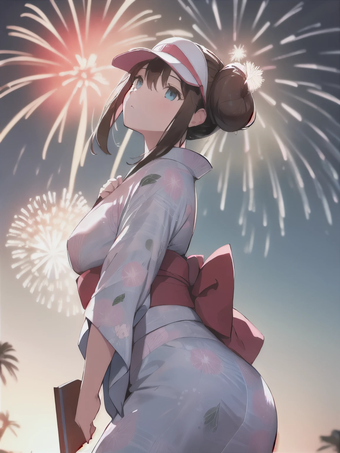 (Highest quality,128k, masterpiece:1.55, photorealistic, hyperrealistic), Ultra detailed face, Detailed lips, Detailed eyes, double eyelid,
BREAK (looking up:1.5), (((from side))), (from below:1.25), cinematic angle, public indecency, leaning back, ((walking on the sandy beach)),
BREAK 1girl, solo, (full breasts, pointy breasts, sagging breasts:1.5), (perspired:1.5),
BREAK rosa, brown hair, double bun, doughnut hair bun, hair bun, blue eyes, hair between eyes, twintails,
BREAK (nipples visible through clothes:1.05),
BREAK visor cap, (see-through yukata:1.5), floral printed light blue yukata, wide sleeves, long sleeves,
BREAK at night, outdoors, (aerial fireworks:1.5), Rough Seas, Moonlit Ocean, in the Sandy Beach,