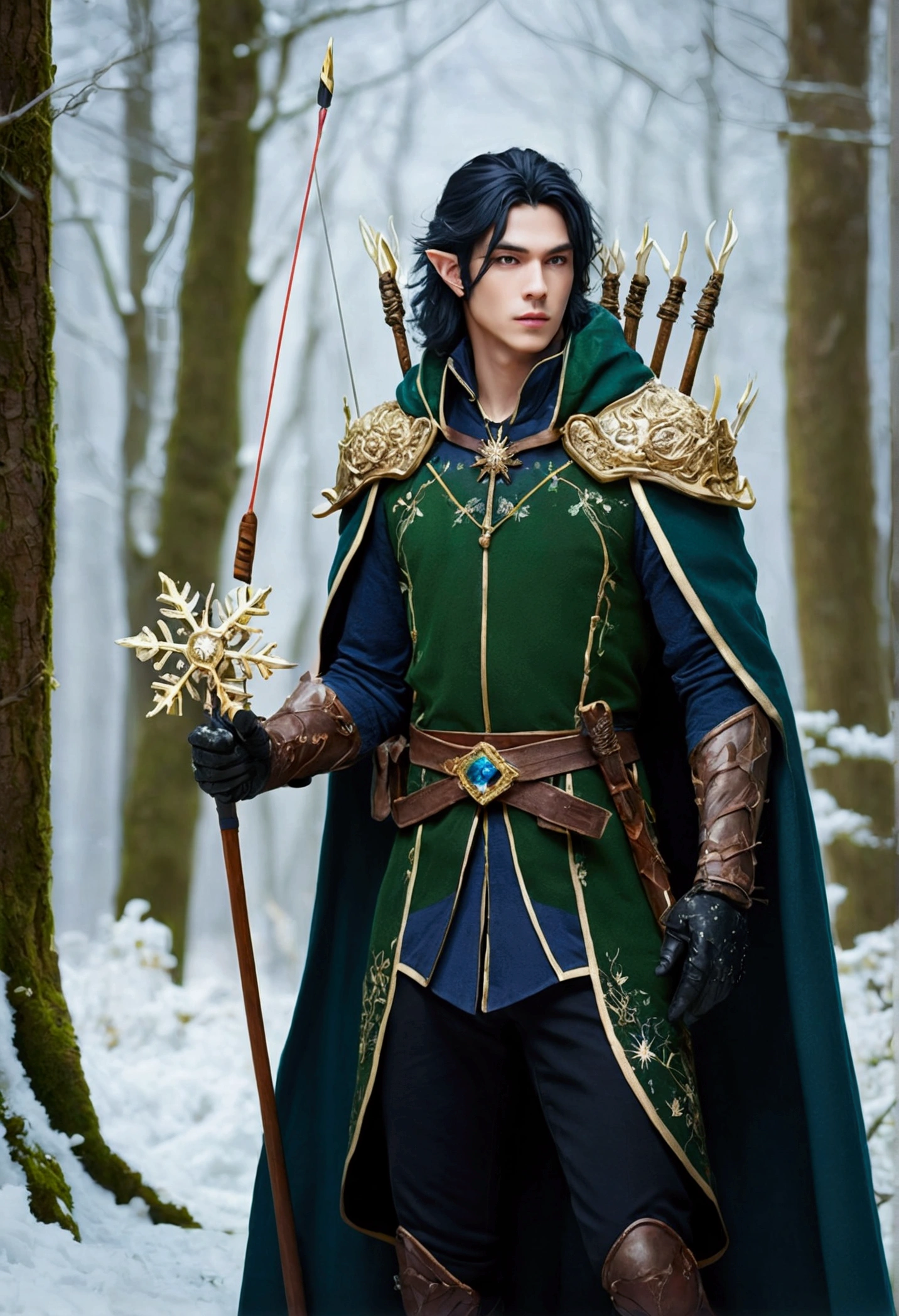 Wearing the Ice Crown、Man wearing navy blue winter cape with gold details, snowflake brooch. Black long hair. Winter Prince, Elf Prince, Elf Prince的肖像, , Winter Prince, Elf Prince, artstation pixiv 的Art bud, Beautiful and elegant Elf Prince, Full body homosexuality. Standing in the snow，Behind is a huge ice castle. rpg character. medieval era. Elf Prince. Blue eyes. Forest Elves. Forest Elves战士. Elf Archer. Medieval archers. Archery. Organic Amadolla. Moss green armor. Soft lighting. Standing in the middle of the forest. Dense forest. Glowing Mushrooms. wonderful environment. Sunlight. Sunlight. Warm highlights. Blue and yellow-green color palette. Role Playing Game Character Design. IG model | Art bud, :: Ross, Artwork is not guweiz&#39;style, Very detailed artistic germ. Full body homosexuality, Detailed background of the castle, Extremely detailed, Detailed face, Sincere POV Photos, Parker Lee Jeffries, Nikon D850, Film stock photography ,4 Ending Portrait 400, F1 Camera Lens.6, multiple colour, Surrealism, Realistic textures, The lighting is dramatic, Distiller 800  (8K, RAW photos, Better quality, masterpiece: 1.2), Extremely detailed, (Delicate skin: 1.2), 8k ultra high definition, SLR camera, Soft lighting, high quality.IG model | Art bud, :: Ross, Artwork is not guweiz&#39;style, Very detailed artistic germ. Full Body Love, Detailed background of the castle, Extremely detailed, Detailed face, Sincere POV Photos, Parker Lee Jeffries, Nikon D850, Film stock photography ,4 Ending Portrait 400, F1 Camera Lens.6, multiple colour, Surrealism, Realistic textures, The lighting is dramatic, Distiller 800 