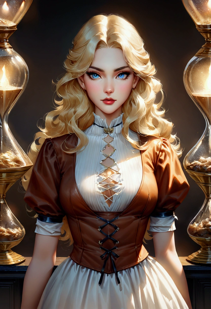 "Steampunk girl with a cat robot companion, poised in a candlelit room, eye contact with the viewer, captured in a wide-angle shot."