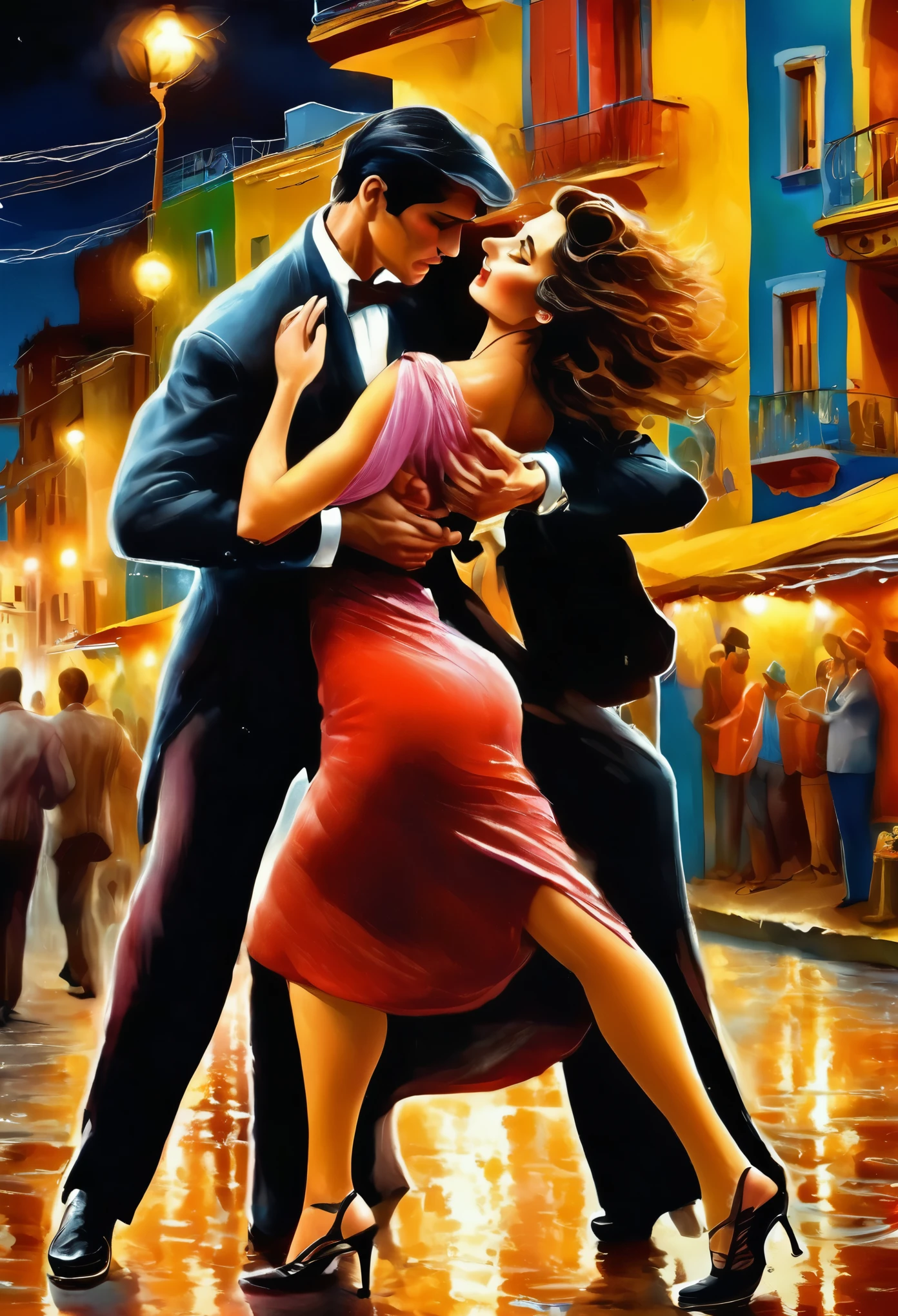 ((heterosexual couple dancing tango in street caminito la boca argentina:1.5)), at night:1.4, caminito street buenos aires:1.4, ((Idyllic and magical scene imaginatively dancing on the surface of the sea.:1.3)),((perfect, meticulously detailed, flawless: 1.4), ((masterpiece)), (hyper detailed: 1.3), (photorealistic: 1.4), epic lighting, well-defined lights and shadows, 32K.